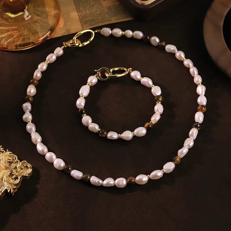 GLSEEVO Natural Freshwater Pearl Tiger Eye Beaded Jewelry Set for Women Birthday Gift Dainty Necklace Bracelet Fashion Jewelry