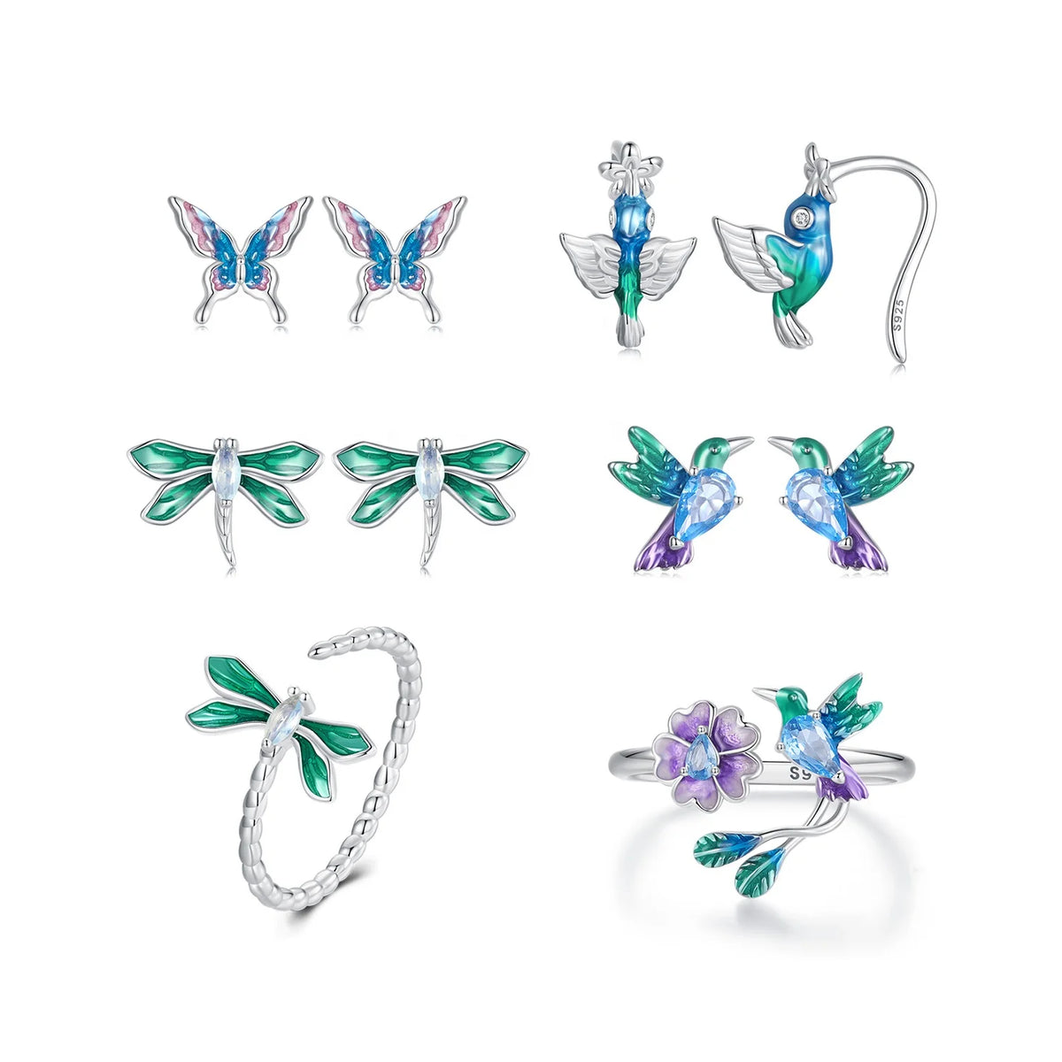 S&S 925 Silver Earring & Ring Set – Butterfly, Dragonfly, Bird & Flower – Platinum Plated – Collection