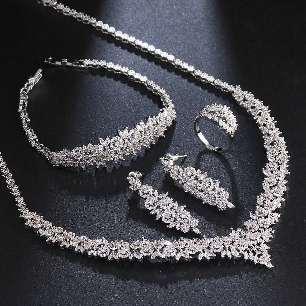 Luxury Round Brilliant Zirconia Exquisite 4-Piece Geometric Romantic Bridal Set — Rhodium Plated