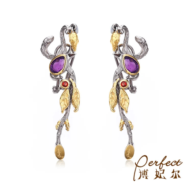 Tree Snake Fashion Design Amethyst Stone 925 Sterling Silver Stud Earrings Women Engagement Wedding Party Gift