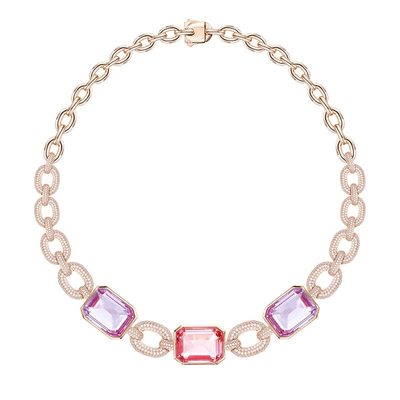 Rose Gold Pink Purple Set Modern Geometric Cutting Gem Neck Chain Earring Combination Exquisite Spicy Girl Banquet Party Jewelry