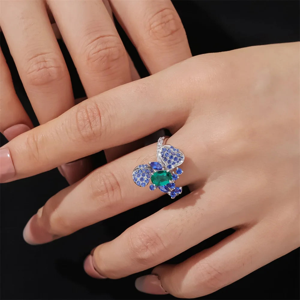 Gemfiori Abiding Dazzling 925 Silver Colored Gemstone Cluster Prong Setting Premium Zambia Lab Grown Emerald Ring for Women Gifts