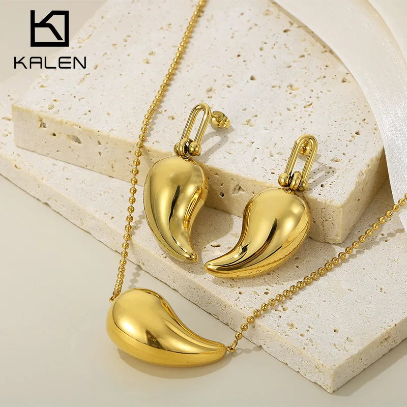 REBEL High-quality Fashion Chubby Water Drop Stainless Steel Hollow Earrings Necklace Charm Temperament Jewelry Set