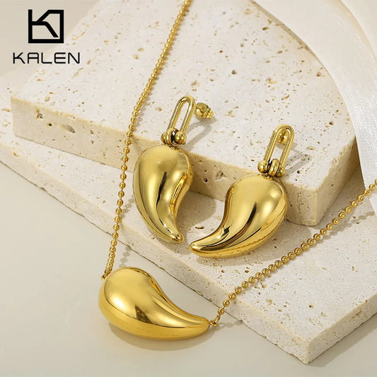 Kalen High-quality Fashion Chubby Water Drop Stainless Steel Hollow Earrings Necklace Charm Temperament Jewelry Set