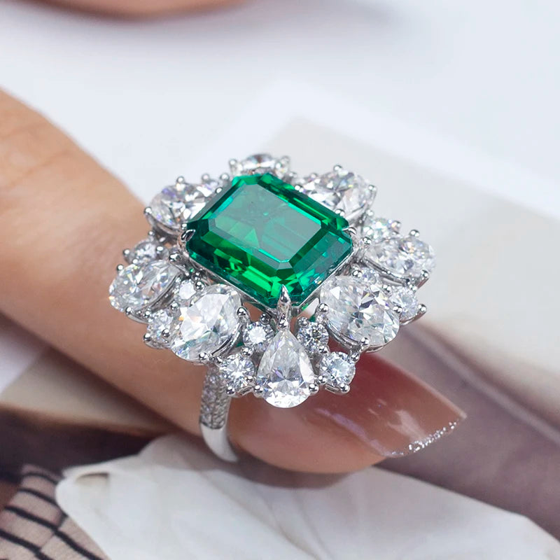 MSR-1252 18k Gold Custom Women Halo Ring  Fashion 10*12mm Emerald Cut Lab Grown Emerald Ring