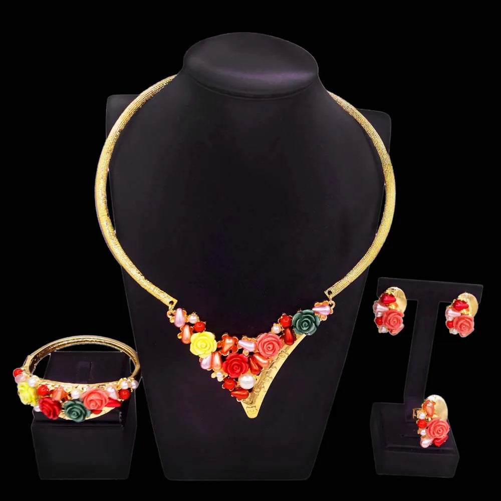 Zhuerrui Italian Gold Luxury Wedding Jewelry Sets Multi Color Flowers Necklace Bracelet Jewellery Set High-end Luxury H00707