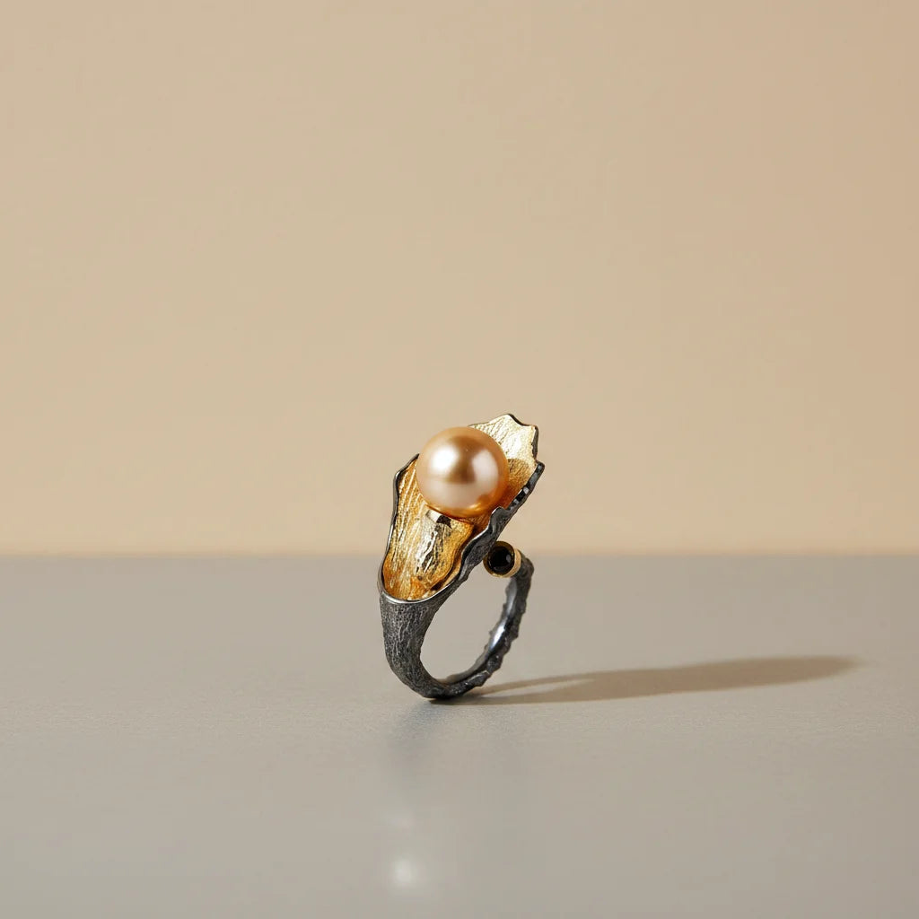 Freshwater Pearl 925 Sterling Silver Jewelry Ring with Black Gold Plated