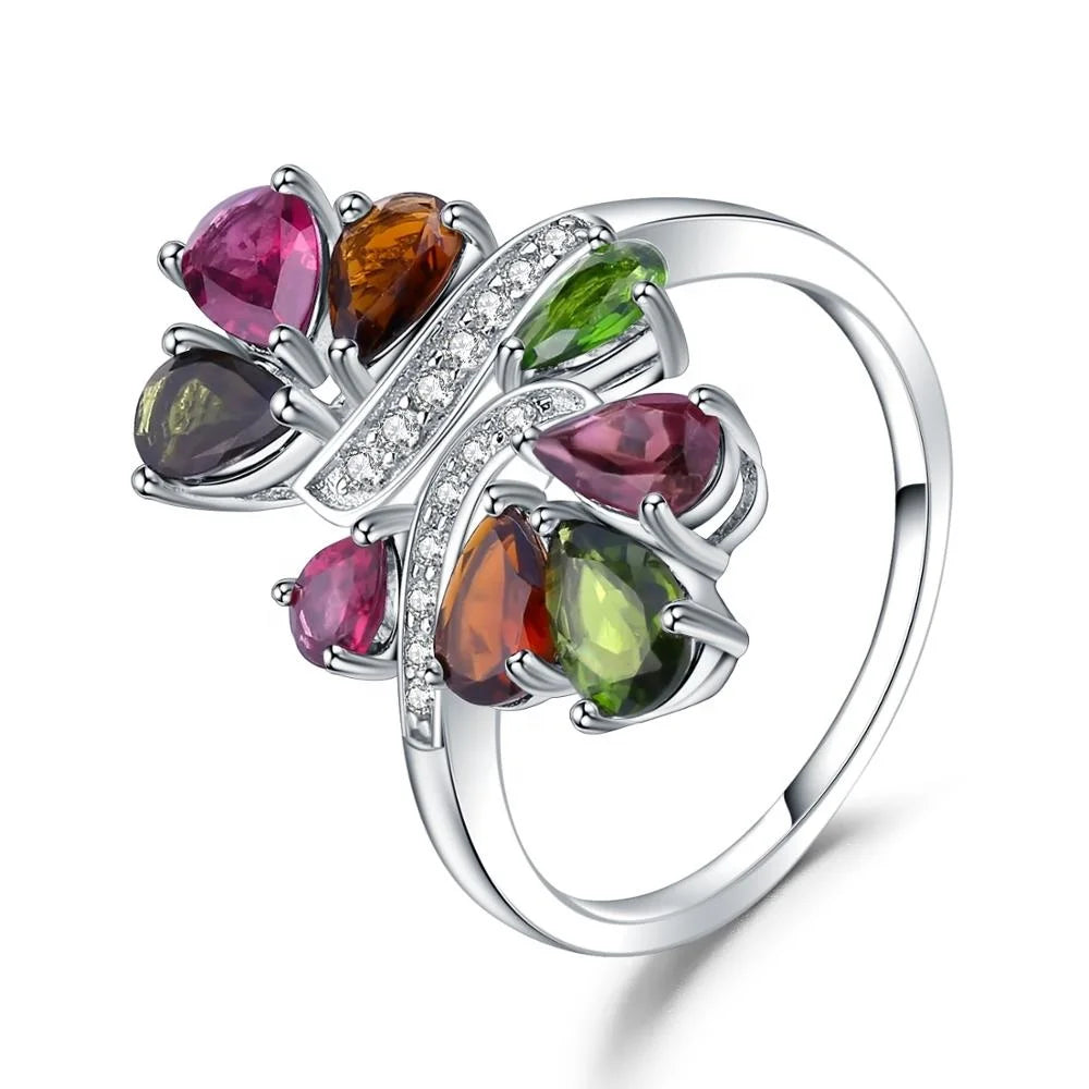 ArtistA Abiding Factory 925 Sterling Silver Mix Gemstone Rings Natural Chrome Diopside Rhodolite Garnet Tourmaline Ring for Women Fine