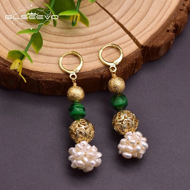 Original Design Natural Green Stone Fresh Water Pearl Dangle Earring for Women Mother Anniversary Ethnic Jewelry