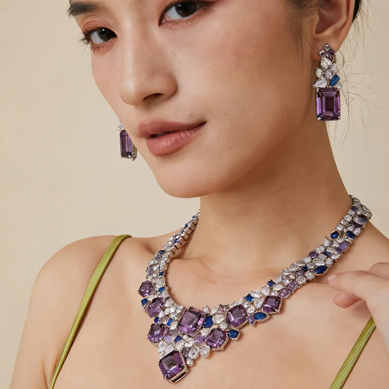 Sparking Pink Purple Yellow Top High 5A Zirconia Full Paved Star River Design Necklace Earring Set Women Evening Gown Accessory
