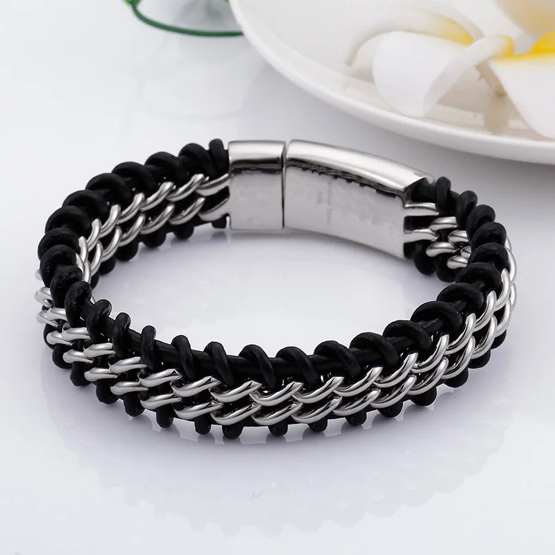 KALEN Leather Titanium Braided  Bracelet Bigiotteria in Acciaio Inox Bracciali for Men