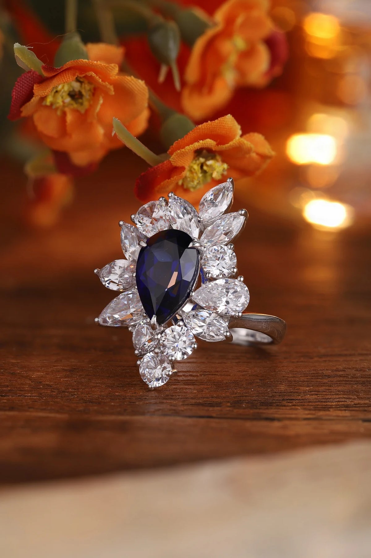 Gemfiori Anster Pear Cut Lab Made Diamonds and Ring S925 Sterling Silver Lab Created Blue Sapphire Women Ring