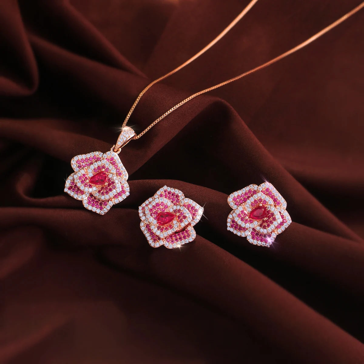 Luxury Rose Gold Plated Pink Sapphire Color Rose Flower Pendant Jewelry Set 5A Cubic Zircon Earrings Necklace for Bridal Wedding