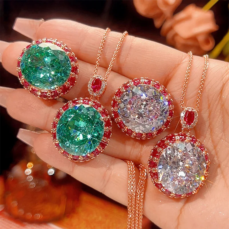 REDheart Copper Inlaid Zircon Gold-Plated Trendy Oval Zircon Ring Bird's Nest Ce Para Green Necklace Wedding & Party Jewelry Set