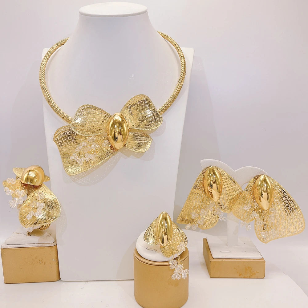 Zhuerrui Luxury Gold Plated Bow Knot Jewelry Set Rhinestones for Women Necklace Earrings Bracelet Ring Party Accessories MY20935
