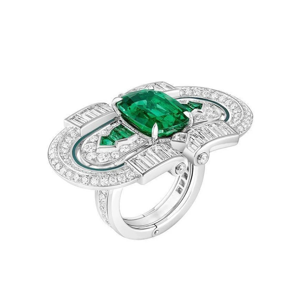 MuShan Jewelry Factory S925 Sterling Silver Ring Light Luxury Electroplated Gold High Carbon Diamond Jewelry in Green Wood