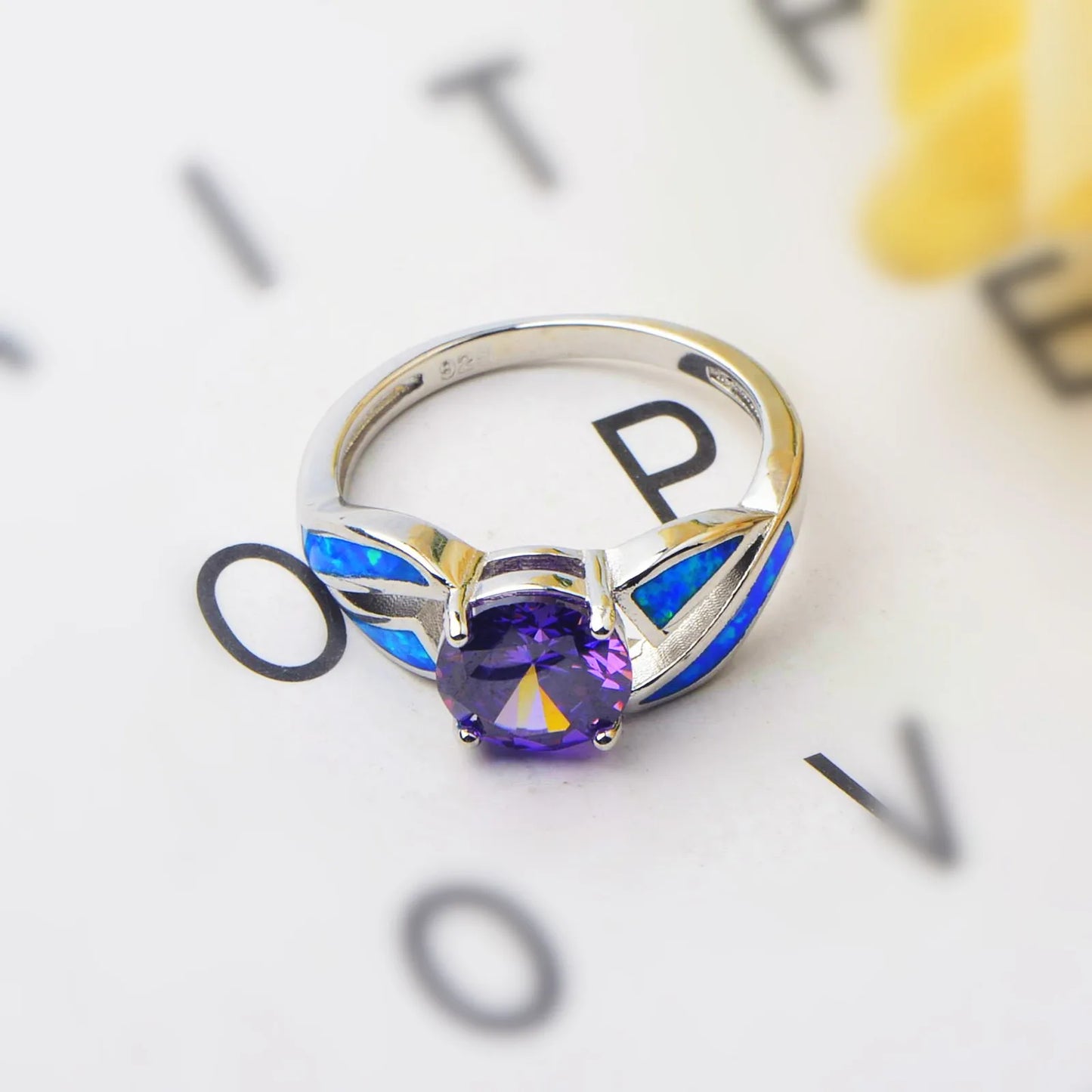 Purple Crystal & Blue Opal Ring | Silver Statement Band Jewelry