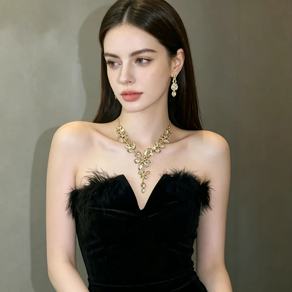 Luxury Princess-Cut Zirconia Champagne Crystal & Pearl Floral Necklace & Drop Earrings Bridal Set — Gold Plated