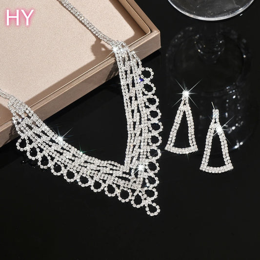 HY  Shiny Tassel Earrings V-shape Necklaces Women Wedding Party Set Wholesale Fashion Lead-Free Brass Silver/Gold
