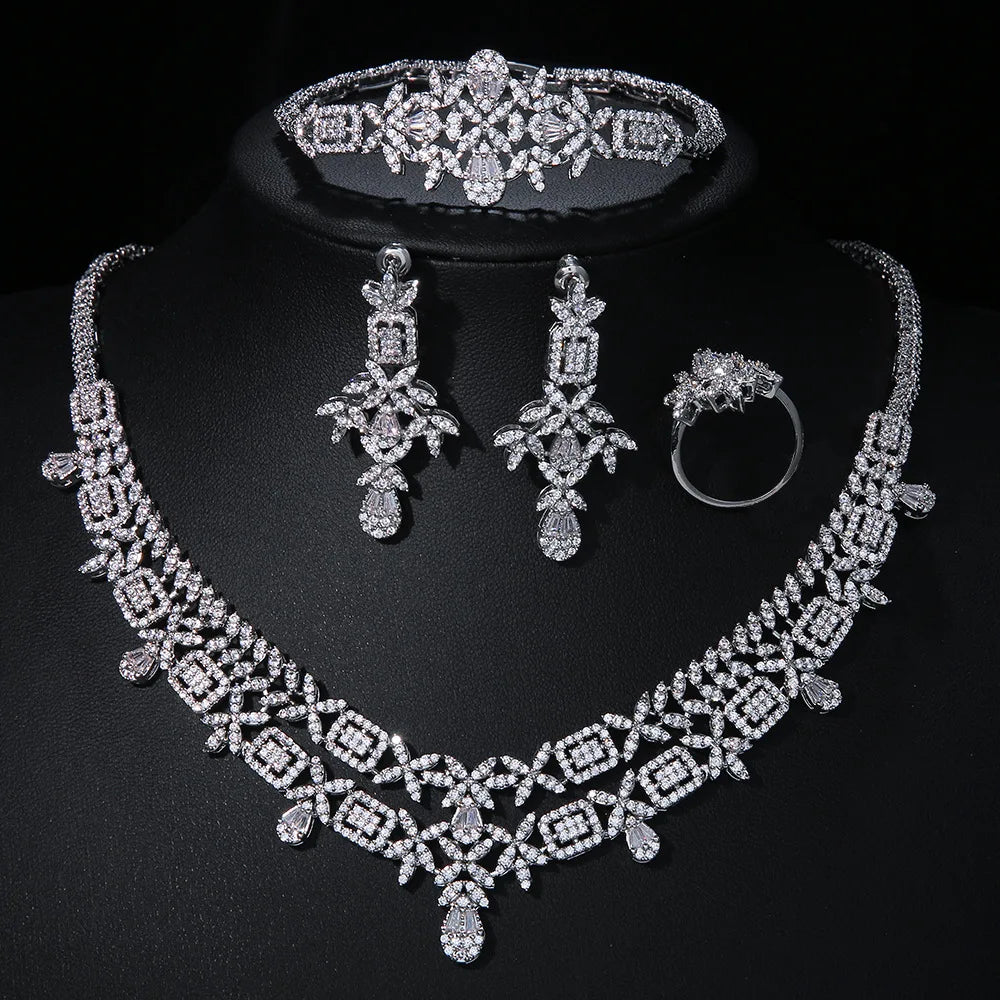 Luxury Full-Paved Round Brilliant Zirconia 4-Piece Nigerian & UAE Dubai Geometric Bridal Set — Rhodium Plated