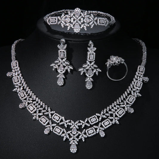 Luxury Full-Paved Round Brilliant Zirconia 4-Piece Nigerian & UAE Dubai Geometric Bridal Set — Rhodium Plated
