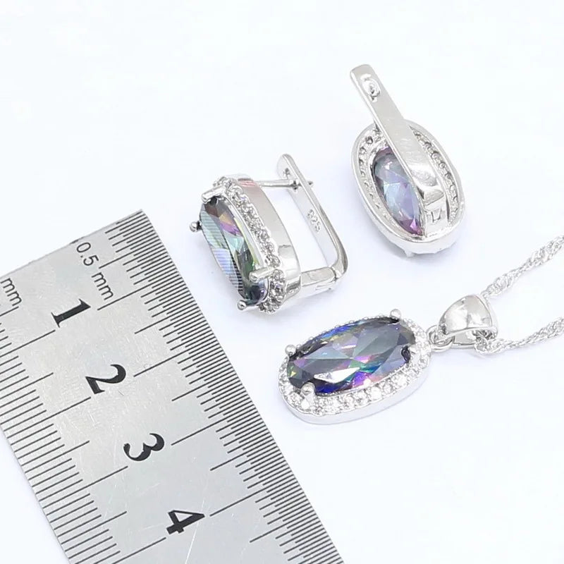 XOTICA Rainbow 925 Silver Women's Jewelry Set Ladies Pendant Rings Bracelet Hoop Earrings Necklace Zircon Wedding Gift Box Accessory