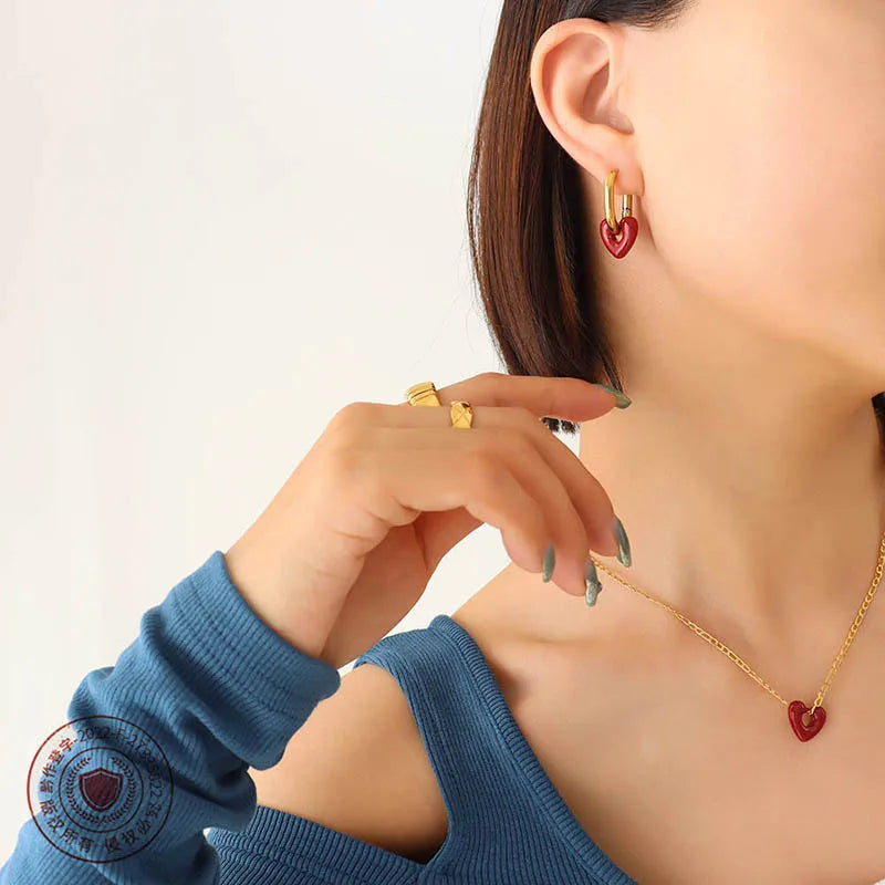 Hollow Heart Hoop Earrings & Necklace | Korean Sweet-Cool Natural Stone Gold Fashion Jewellery