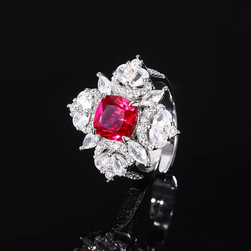 Gemfiori European and American Zircon Necklace Earrings Retro Red Zircon Pendant Light Luxury Ring Accessory Set