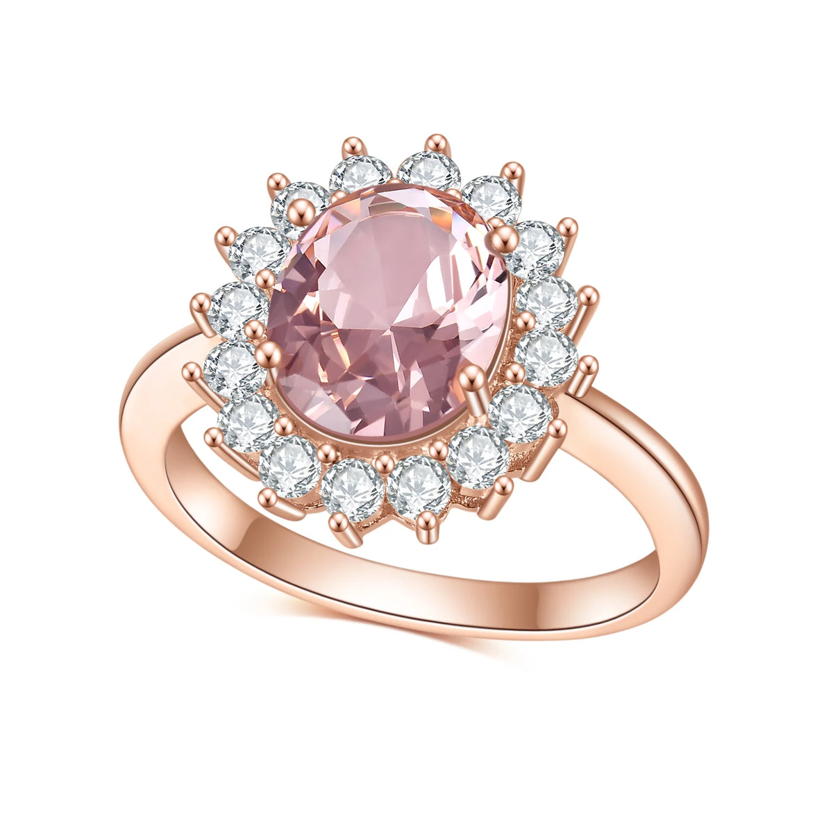 Gemfiori Abiding Rose Gold Plated 925 Sterling Silver Oval Lab Pink Sapphire Nanocrystal Morganite Halo Engagement Ring for Wedding Women