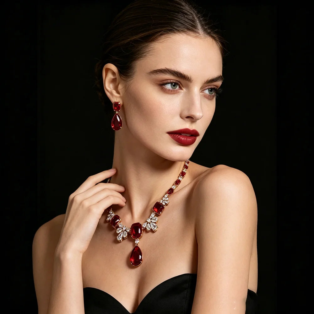 XM S302 Cushion Cut Zircon Teardrop Statement Necklace & Drop Earrings Set