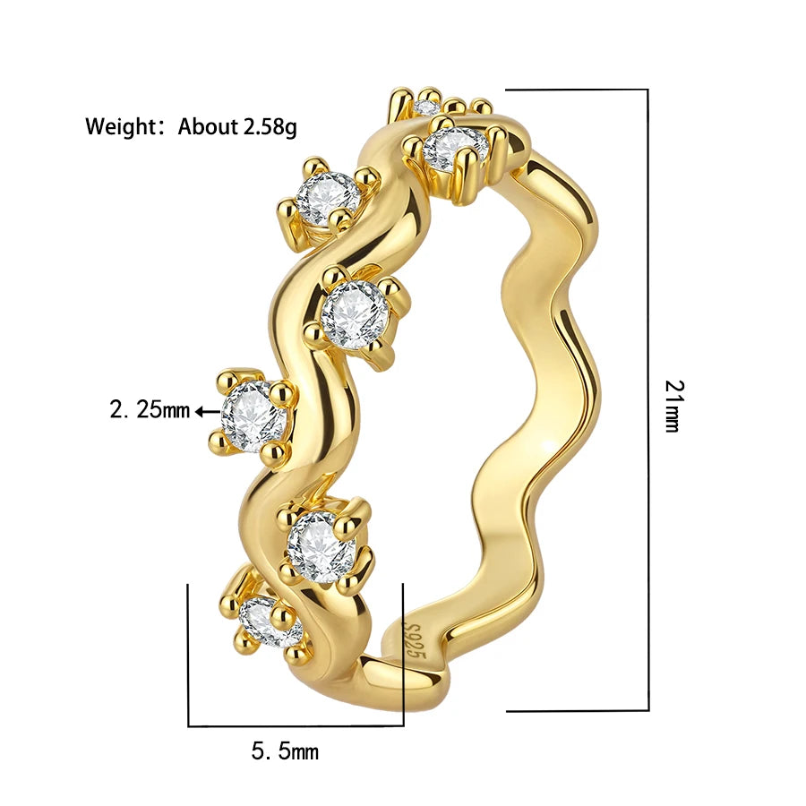 Fine Jewelry S925 Sterling SIlver Gold Plated 2.25MM VVS D Color Moissanite Wave Casual Rings for Ladies with GRA Certificate