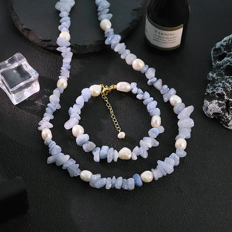 Natural Freshwater Pearl Blue Natural Stone Jewelry  Set for Women Festivals  Necklace Bracelet Set for Women Bohemian Jewelry