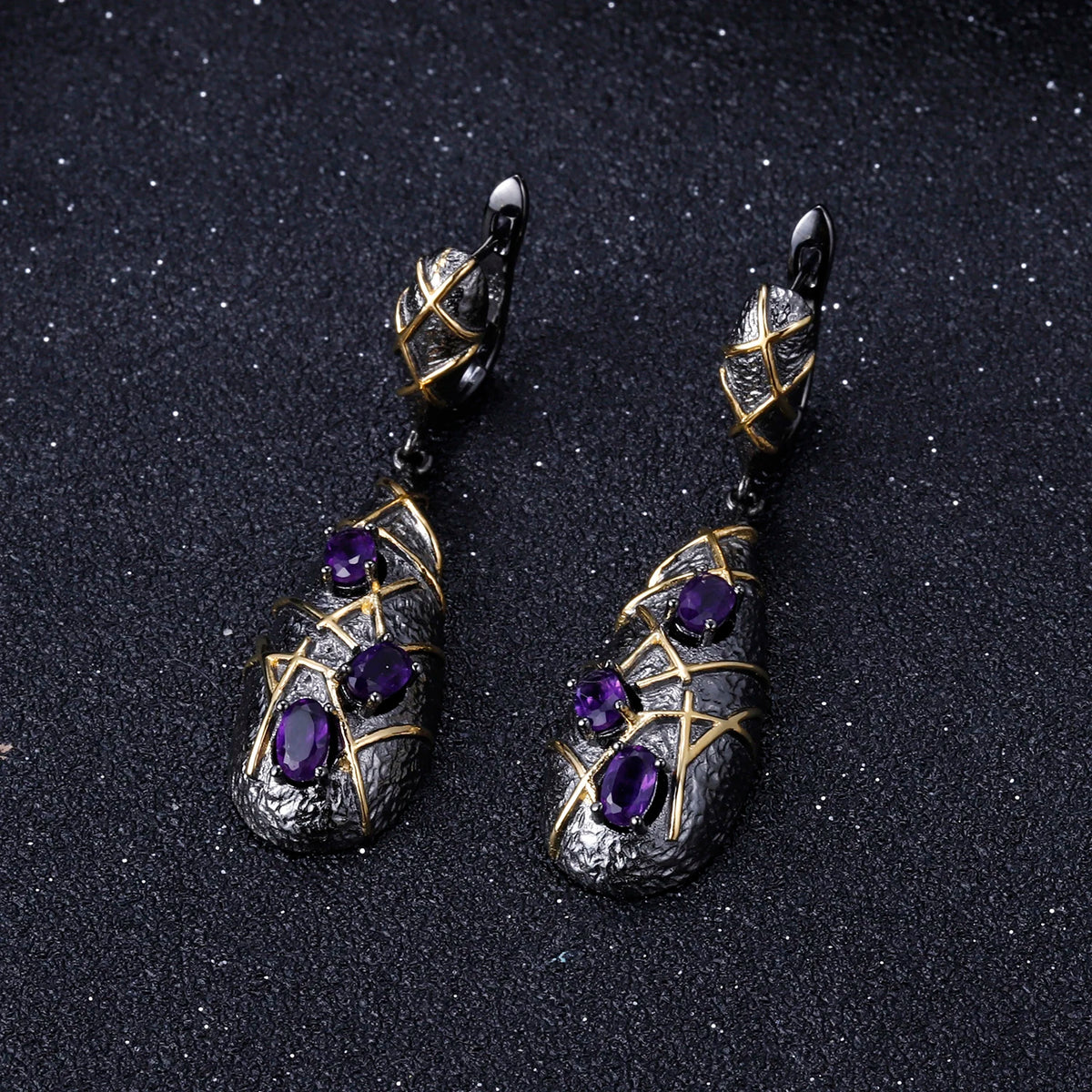 ArtistA C7880 Abiding Vintage-Inspired Gun Black Plated 925 Silver Amethyst Jewelry Set Big Drop Earrings Pendant & Ring