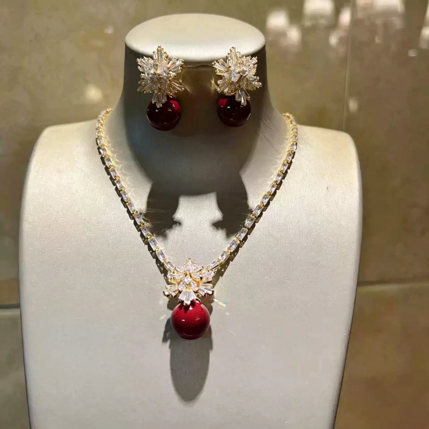 XM S418 Gold Plated Snowflake Crystal & Red Round Pearl Pendant Necklace & Drop Earrings Set