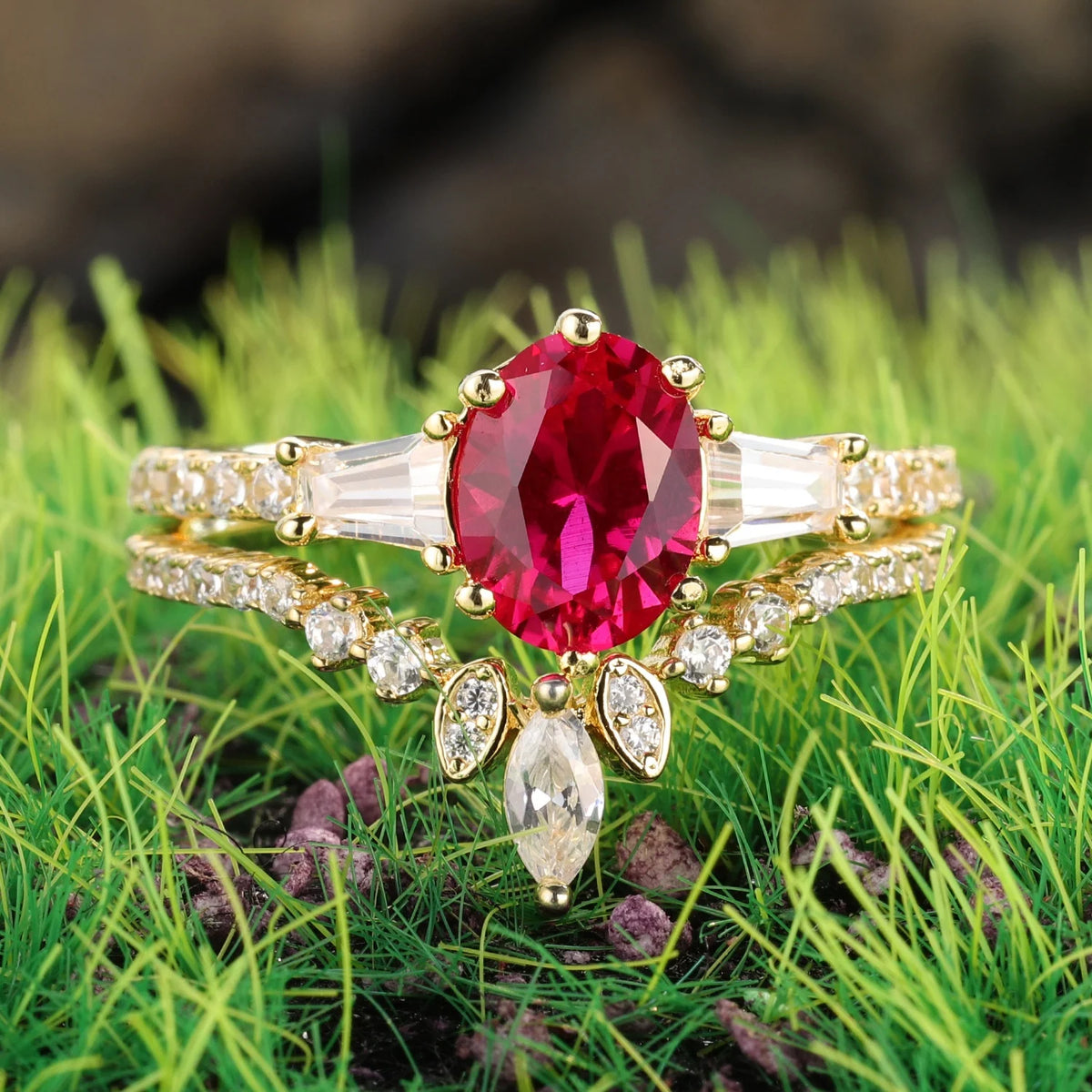 ArtistA Abiding Perfect Match 18K Gold Plated 925 Silver Lab Made Created Ruby Gemstone Rings Set Women Bridal Set