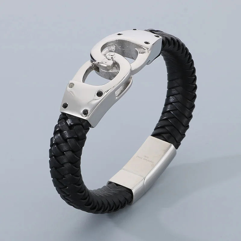 REBEL 220mm Punk Stainless Steel&Leather Handcuff Bangle Bracelet