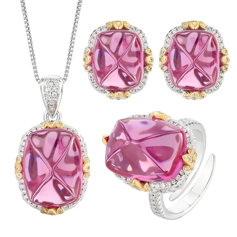Gemfiori 2025 New High Quality Shining Jewelry Brown Sugar Tower Fresh Sweet Pendant Set Bridal Wedding Engagement Set
