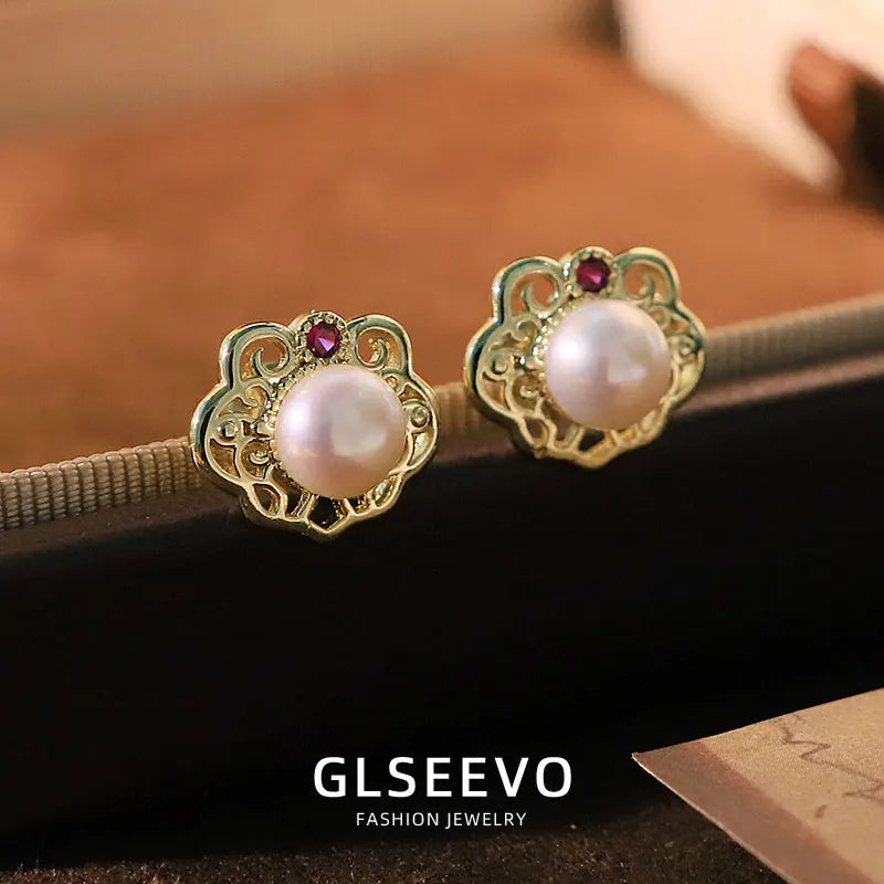 Natural Freshwater Pearl Polygon Hollow Zircon Set Earrings Studs Luxury Fashion Jewellery Earrings Gift for Women Wife GE1745