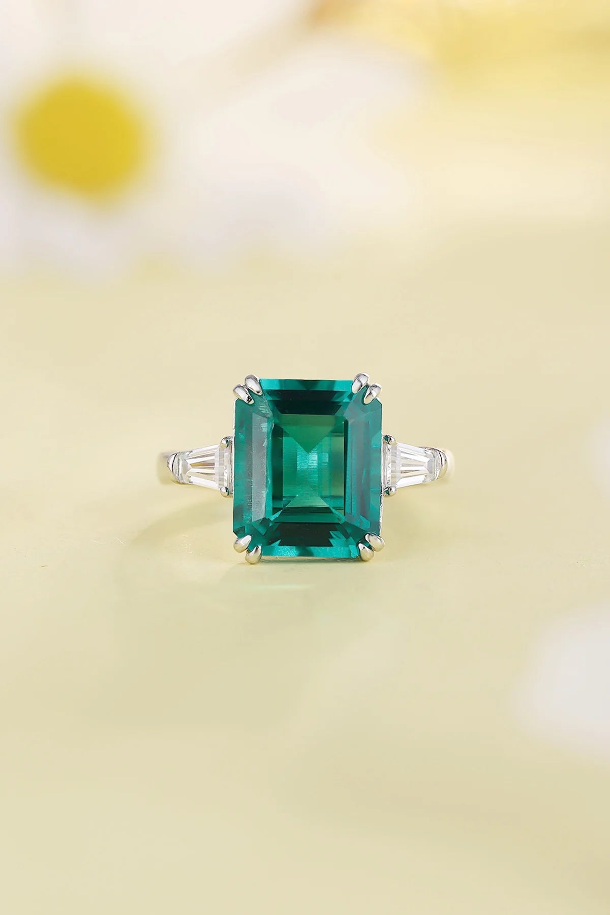 Gemfiori 3 Stones Engagement Rings Silver 5CT 8 Carat Emerald Cut Three Stone Rings for Women Diamond Jewelry Vintage