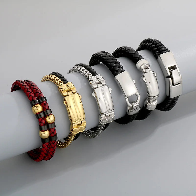 KALEN Trendy Braided Black Cowhide Leather and  Stainless Steel Bracelet Men Double Chain