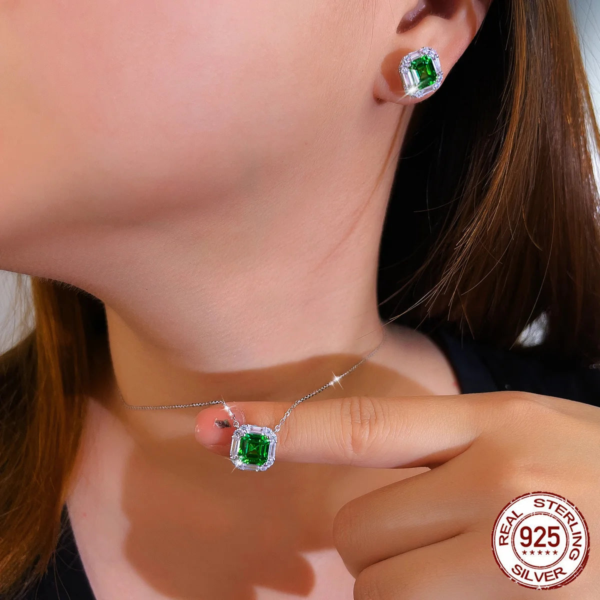 S&S 925 Silver Rhodium Plated Green Zircon Flower Pendant Necklace & Earring Set – Collection