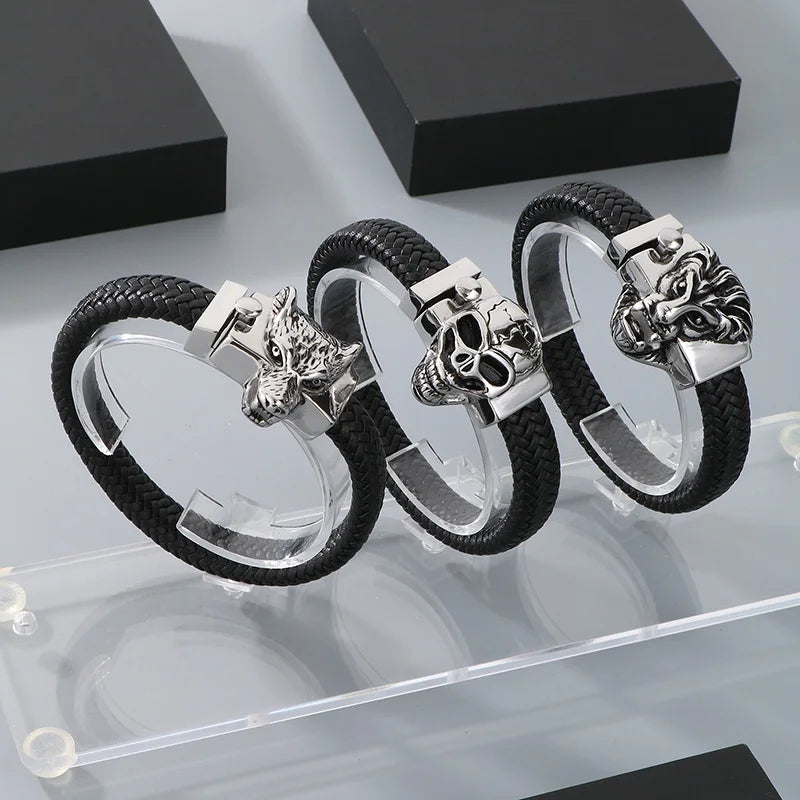 KALEN Men Punk Fashion Bracelets Fine Stainless Steel Leather Wolf Skull Bracelet Bangles