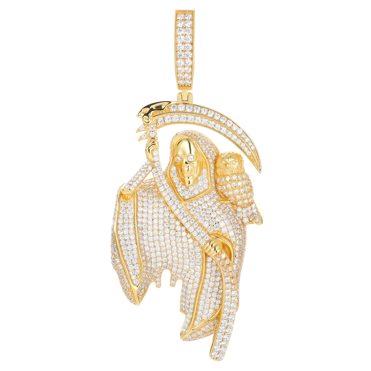 Punk Style Street Jewelry Luxury Gold Plated Brass AAAAA CZ Diamond Iced Out Grim Reaper Pendant for Hip Hop Men Women