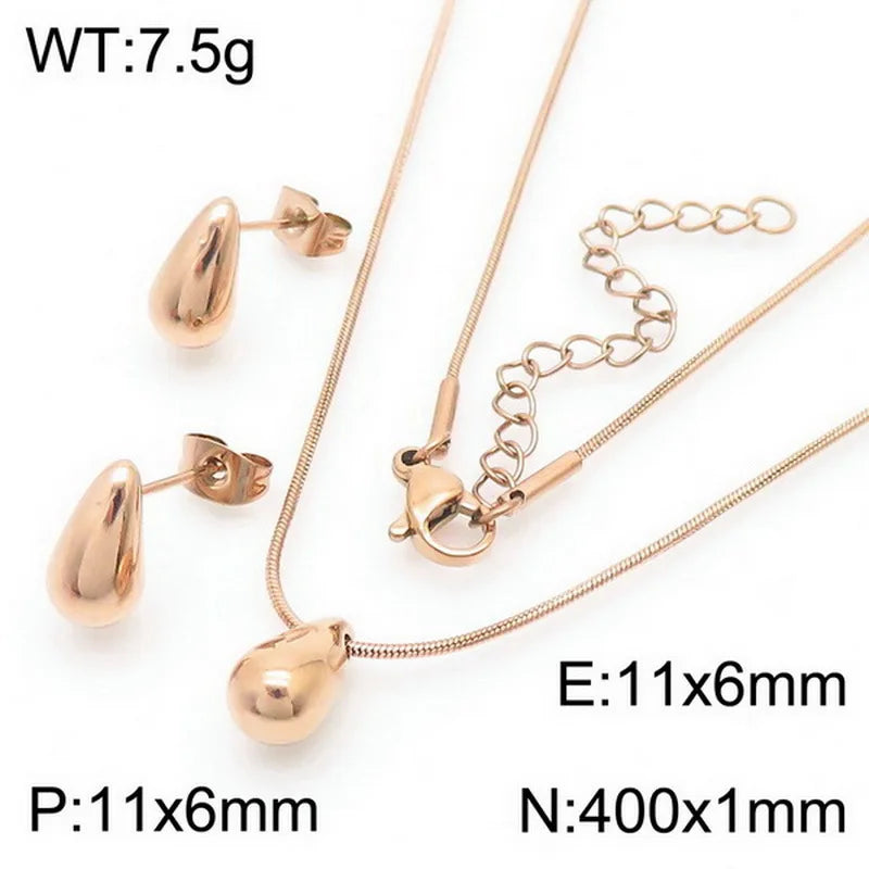 REBEL High-quality Fashion Chubby Water Drop Stainless Steel Hollow Earrings Necklace Charm Temperament Jewelry Set