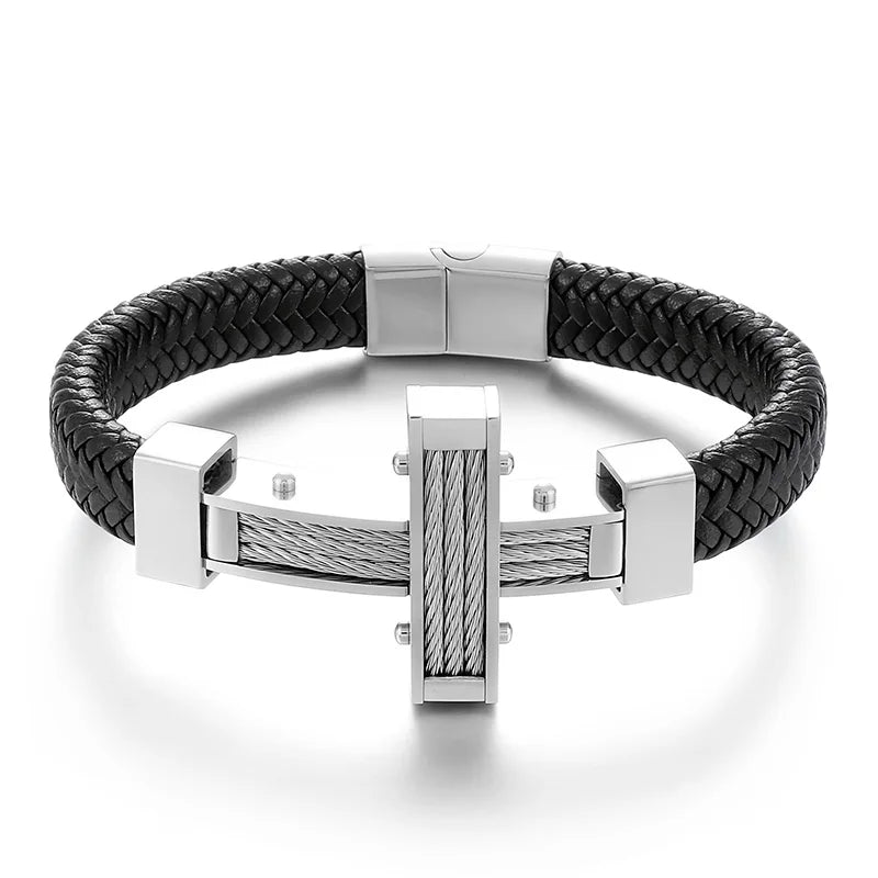 KALEN 215mm Trendy Silver/Gold/Black/Grey Cowhide Leather Bracelet With Stainless Steel Cross