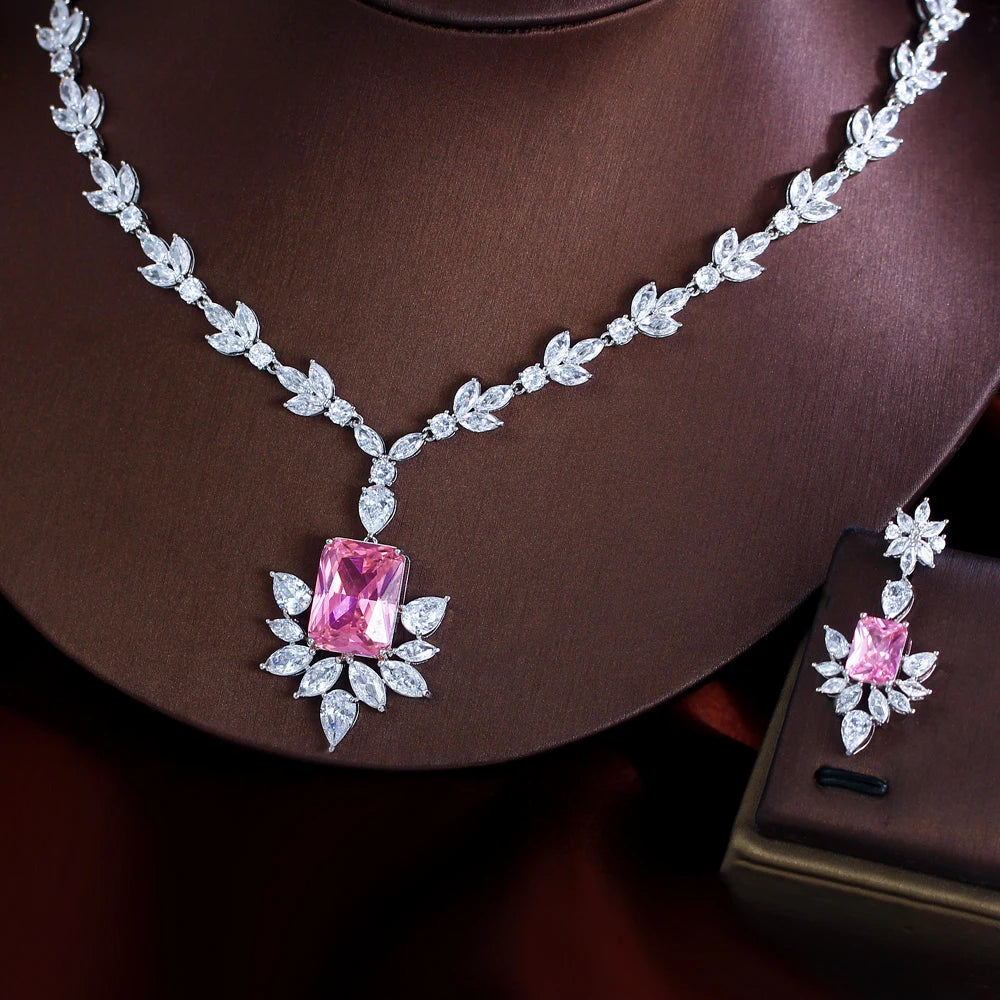 Beautifully Pink Shiny Cubic Zircon Wedding Necklace and Earring Bridal Jewelry Set for Women Bridesmaids Prom Accessories