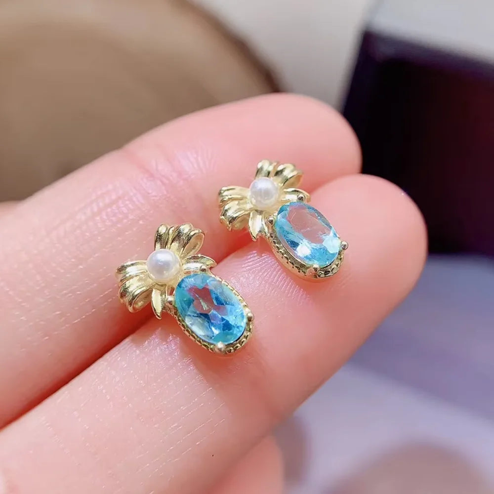 Gioiellieri Natural Swiss Blue Topaz Stud Earrings with S925 Sterling Silver Setting Elegant Romantic Fine Gemstone Jewelry Anniversary Gift