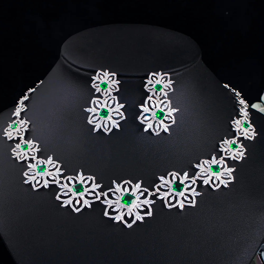 Newest Luxury Bridal Jewelry Sets Brilliant Big Flower Green 3A CZ Necklace Dangle Earring Banquet Wedding Dress Accessories