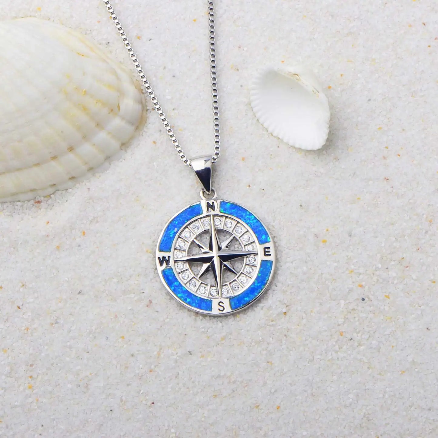 Minimalist Compass Pendant Necklace | Blue Opal & CZ Accents - Elegant Nautical Jewelry for Women