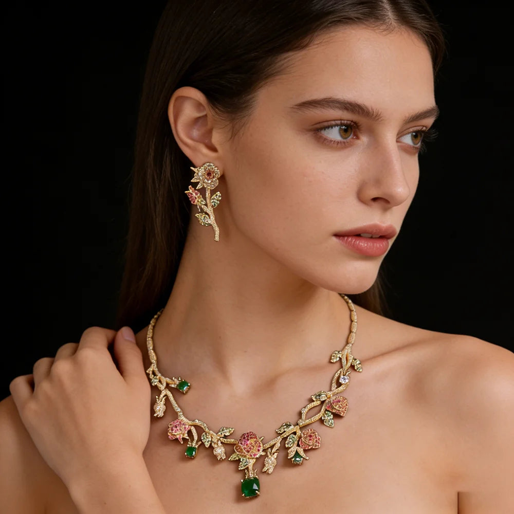 XM S226 Platinum Plated Princess Cut Zircon Rose Flower Statement Necklace & Drop Earrings Bridal Set
